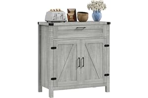 HOMCOM Sideboard Buffet Cabinet, Farmhouse Kitchen Storage Cabinet with Rustic Barn Door and Drawer, Grey