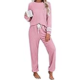Ekouaer Lounge Sets for Women Ribbed Knit Outfits Pajamas Sets 2 Piece Long Sleeve Sweatsuits with Pockets