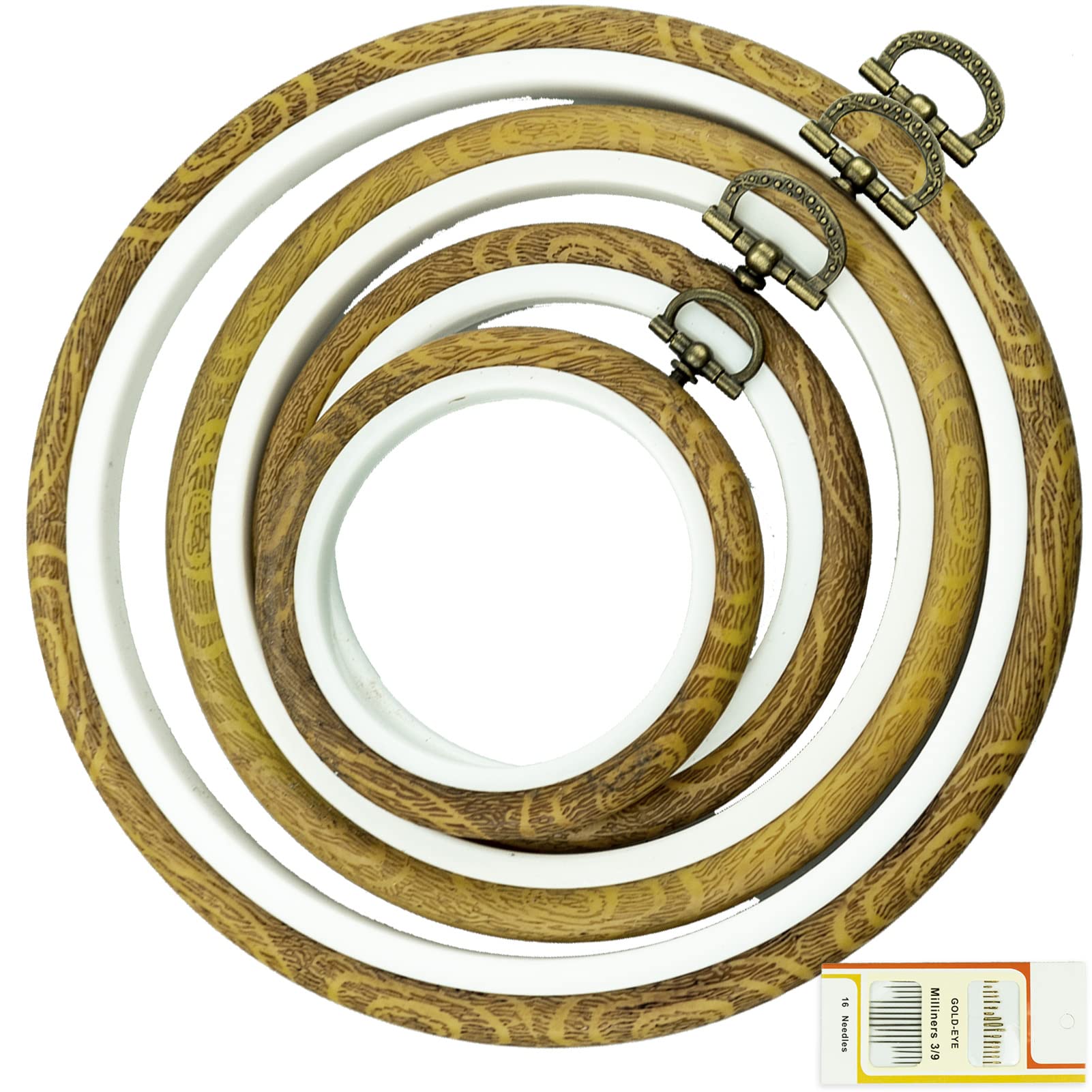 SZCXDKJ 4 Sizes Imitated Wood Display Round Embroidery Hoop Set Plastic Circle Cross Stitch Hoop Rings for DIY Craft Sewing,Including 16pcs Gold Eye Sewing Needles