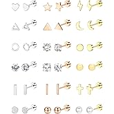 18 Pairs Surgical Stainless Steel Stud Earrings For Women Men 20G Cartilage Earrings Studs Cross Moon Star Small Stud Earrings Black Gold Screw Flat Back Earrings Ear Piercing Studs Set