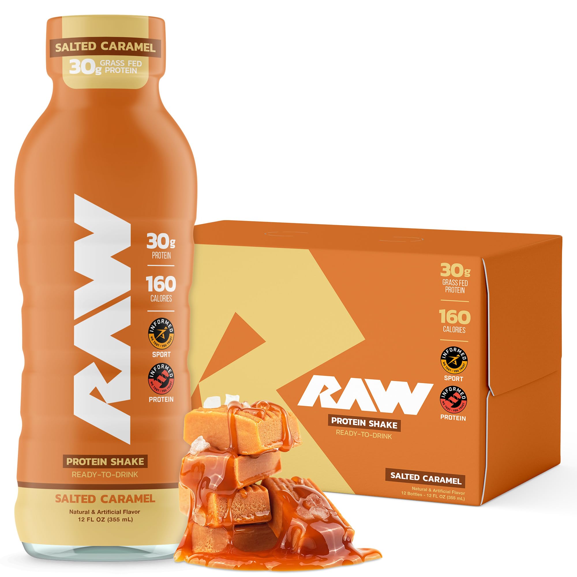 Photo 1 of RAW Ready-to-Drink Protein Shake, Salted Caramel - RTD Protein Drinks with Grass-Fed Whey Protein Isolate for Post-Workout - Zero-Sugar & Gluten-Free Meal Replacement Drink & Breakfast Shake, 12 Fl Oz