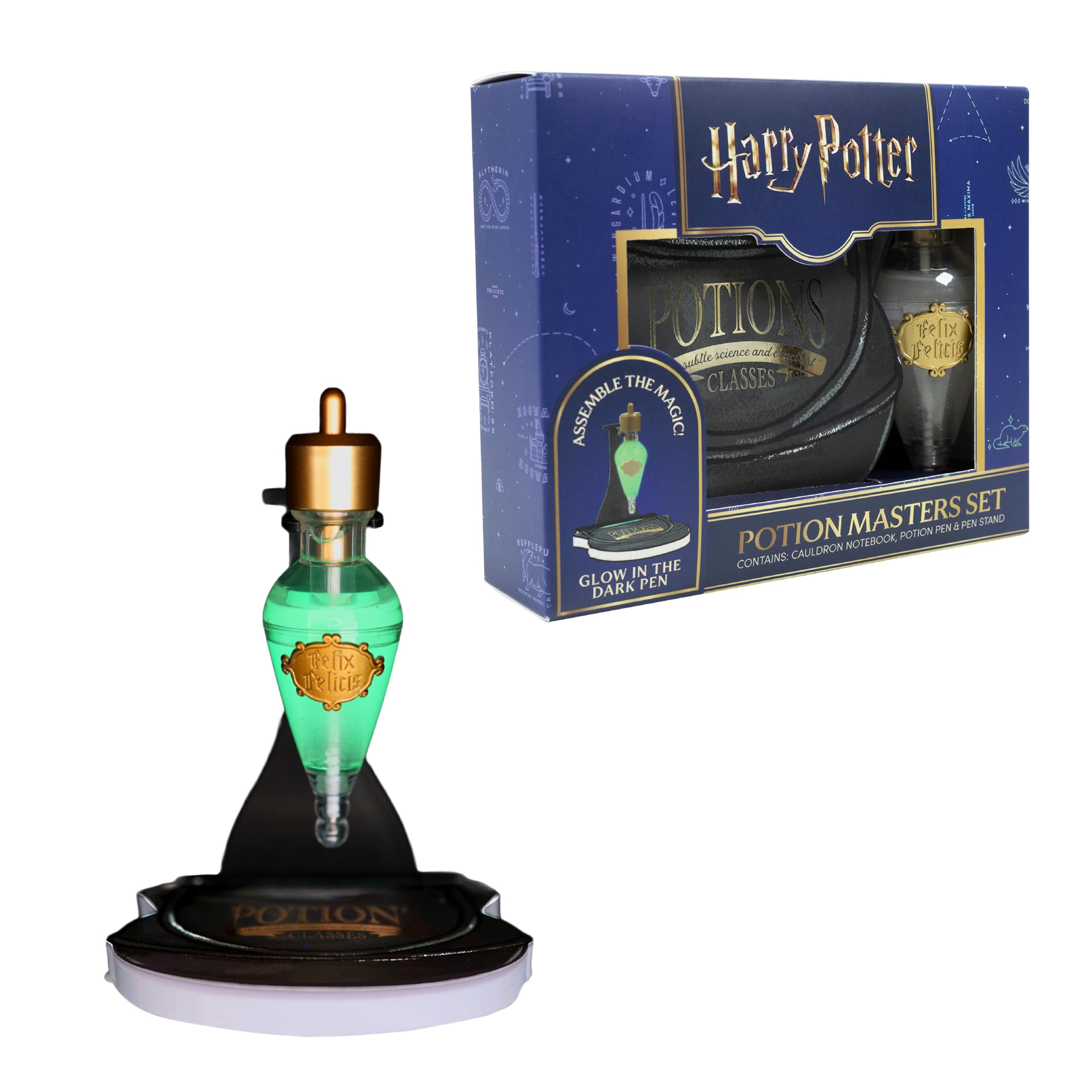 Blue Sky Studios Harry Potter Glow-in-the-Dark Potion Pen & Cauldron Notepad – Potion Master Set - Official Gift Set with Stand