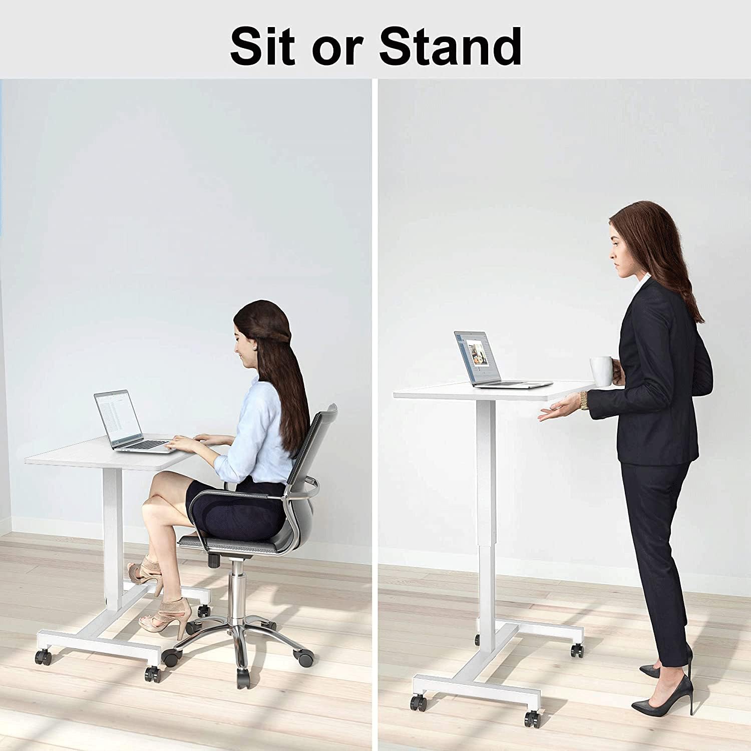 27'' Pneumatic Adjustable Height Desk Mobile Laptop Standing Desk Cart, Portable Sit Stand Rolling Table for Home Office by FitDesk White: Kitchen & Dining