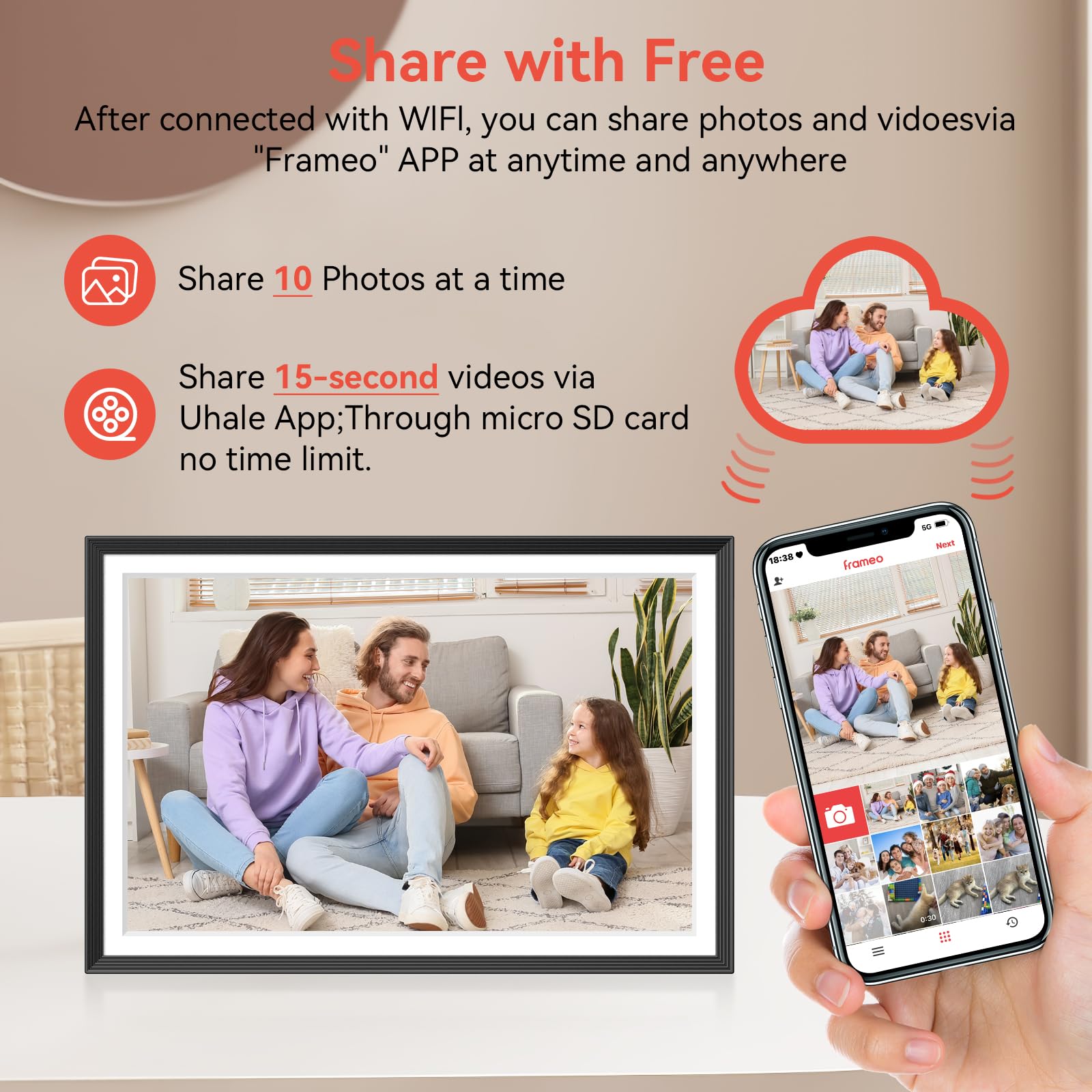 Frameo 10.1 inch Digital Picture Frame, Smart WiFi Digital Photo Frame with 32G Memory, HD Touch Screen, Auto-Rotate, Slideshow, Easy Setup, Share Photos and Videos Anywhere(Black)