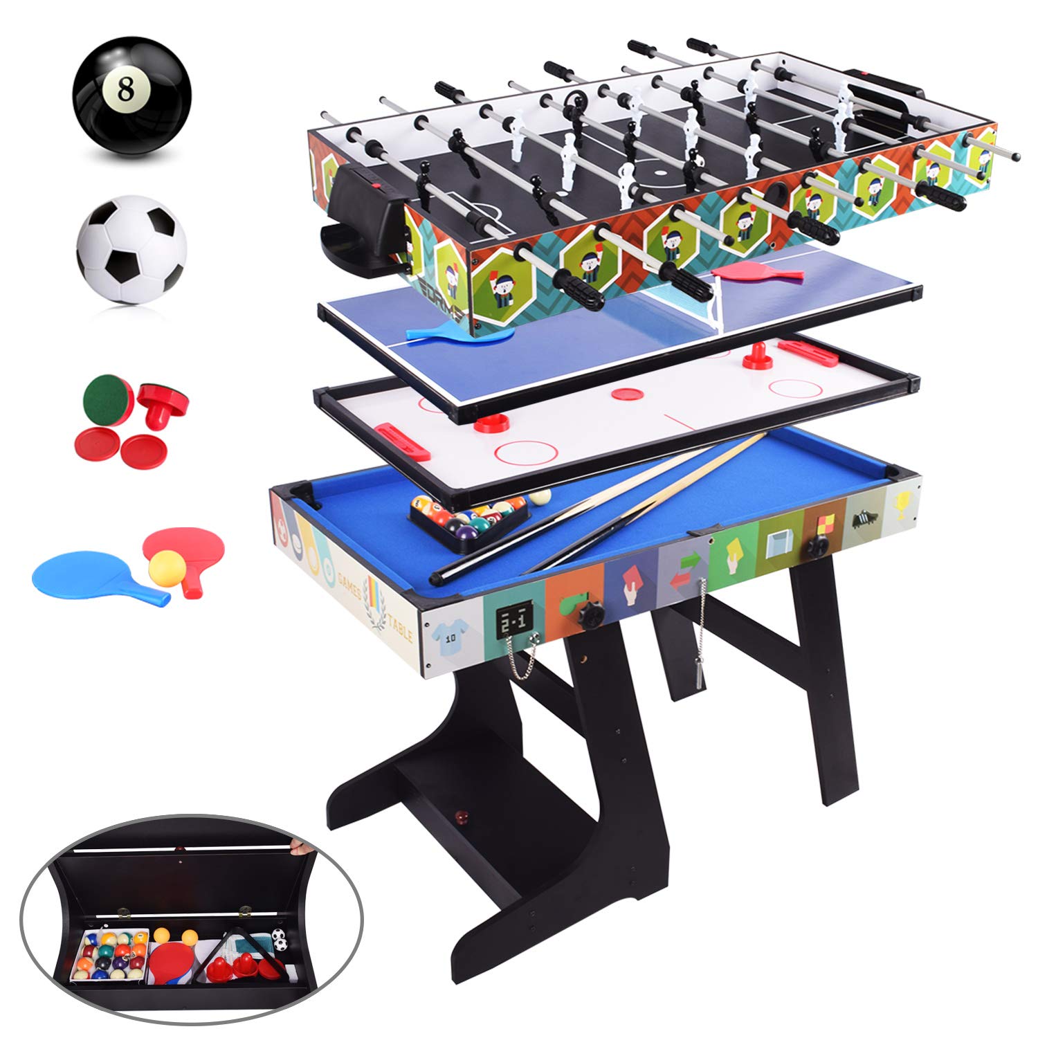 ALPIKA 4FT 4 in 1 Multi Sports Game Table - Folding Combo - Pool/Snooker, Air Hockey, Table Tennis, Football with Accessory Storage Box