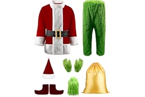 SHEJIZE Christmas Green Santa Costume Adult Santa Suit Santa Costume Santa Outfit with Mask