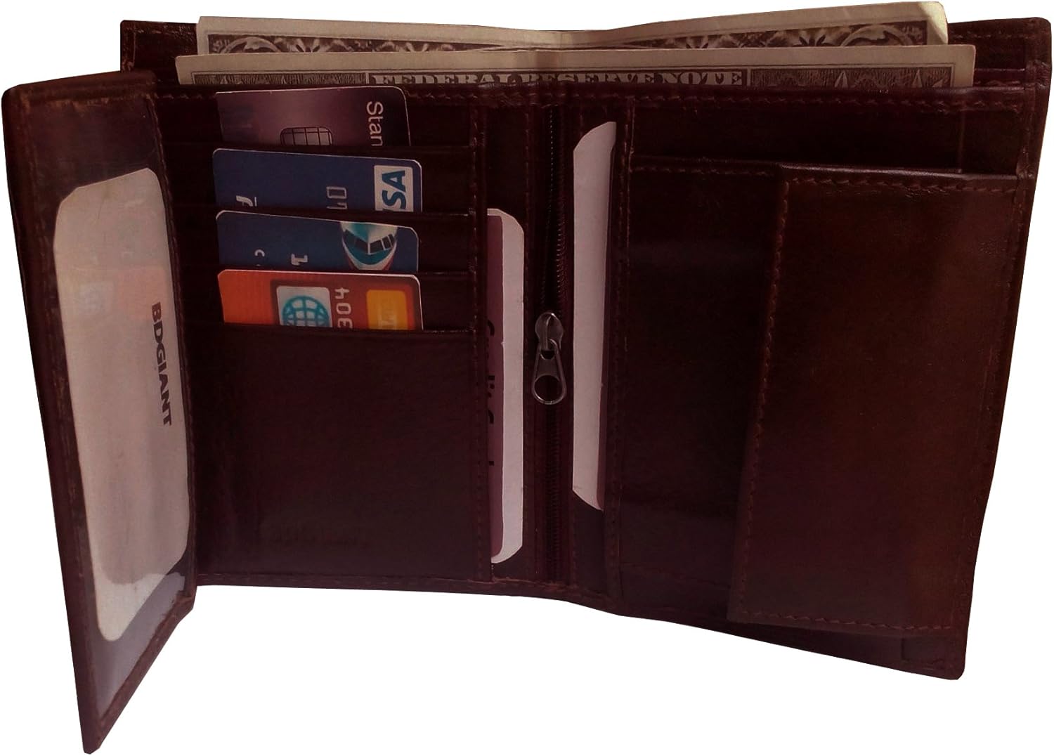 Full Grain Leather Double ID Window Bifold Wallets with Coin Pocket