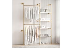 Woskar Industrial Pipe Clothing Rack, Hanging Rods Clothes Rack with Shelves, Clothes Rack for Wardrobe, Corner Closet System for Walk in Closets (Gold, II-4Tier)