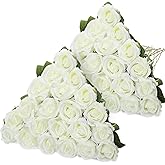 Hotop 40 Pcs Rose Artificial Flowers Bulk with Long Stem,Realistic Silk Fake Roses Bouquet for Home Wedding Centerpieces Party Table Decoration Valentines Gifts(White)