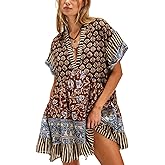 SOOKABEILA Women’s Boho Mini Dress Y2k Floral Print Deep V-Neck Puff Sleeve Short Dress 2025 Summer Loose Beach Sundress