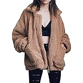 Comeon Women's Coat Casual Lapel Fleece Fuzzy Faux Shearling Zipper Coats Warm Winter Oversized Outwear Jackets