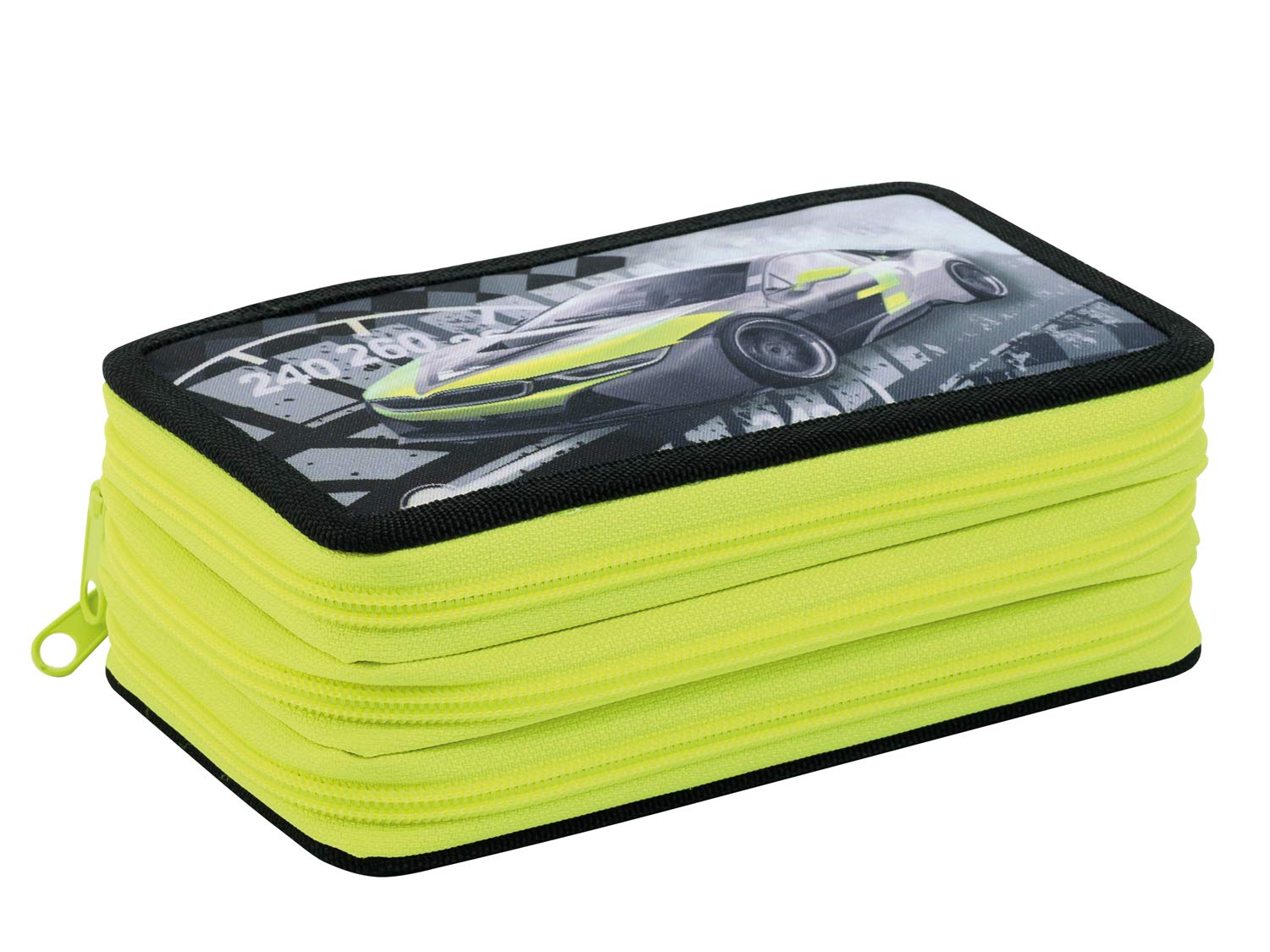 Eberhard Faber 577571 Pencil Case with 3 Zips, Triple Decker Race Car, 31 Pieces Filled with Colouring Pencils and Other Writing Utensils, Colourful