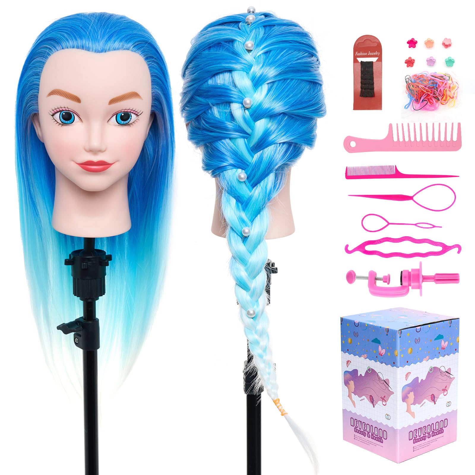 Neverland Beauty & Health 20" Synthetic Fiber Hair Training Head Hairdressing Practice Mannequin Manikin with Mannequin Head Stand Hair Styling Braid Accessoires Set(Blue)