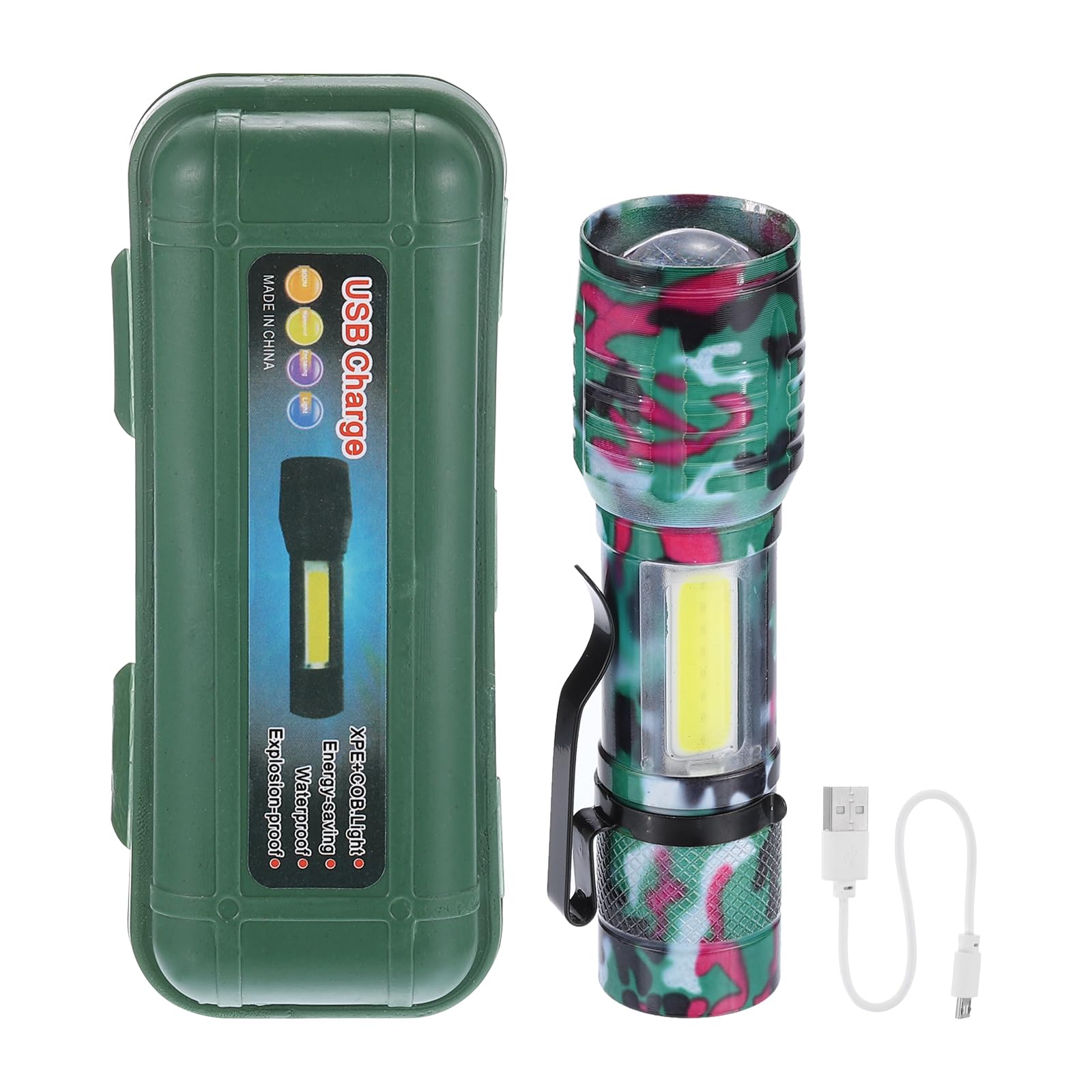 PATIKIL Scalable LED Flashlight, 2 Set 3 Mode High Lumens LED Torch Aluminum White Light USB Rechargeable for Hiking Camping, Camouflage Red and Green