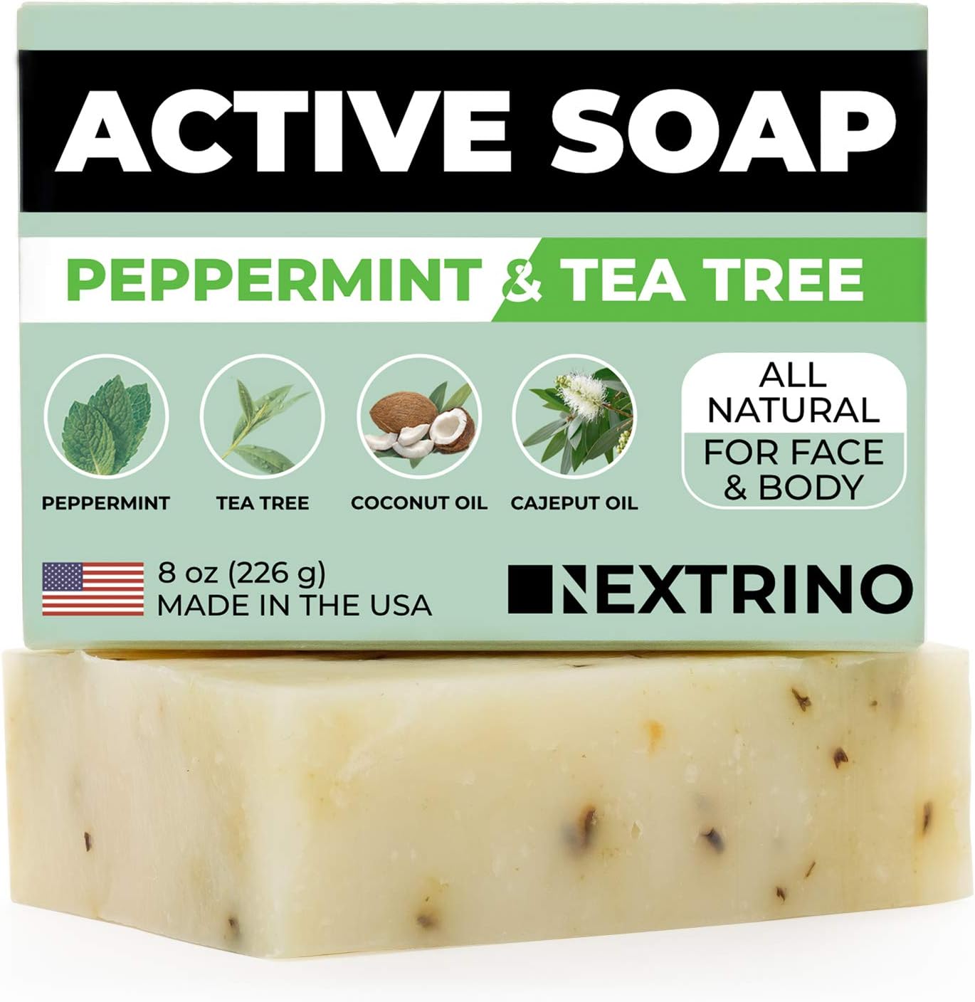 Tea Tree Soap with Peppermint! Made in the USA: All Natural, Vegan Bar Soap with Organic Oils for Face & Body. Wash Away Odor & Germs (Single 4 Ounce Soap Bar)