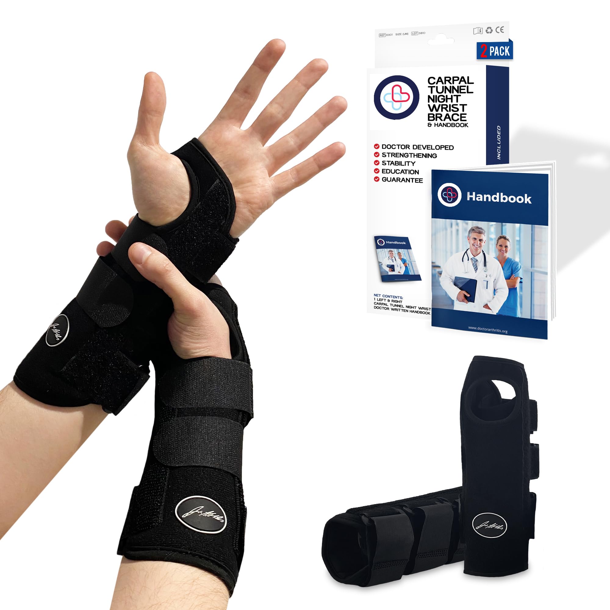 2 pack Doctor Developed Carpal Tunnel Wrist Braces – Adjustable Night Wrist Support with Metal Splints, Hand & Wrist Stabiliser for Men & Women, No Thumb Pressure (Black)