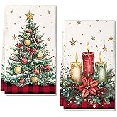 ARKENY Red Christmas Tree Kitchen Towels Set of 2,Buffalo Check Flower Bells Xmas Dish Towels 18x26 Inch Drying Dishcloth,Farmhouse Nobel Home Decoration AD402