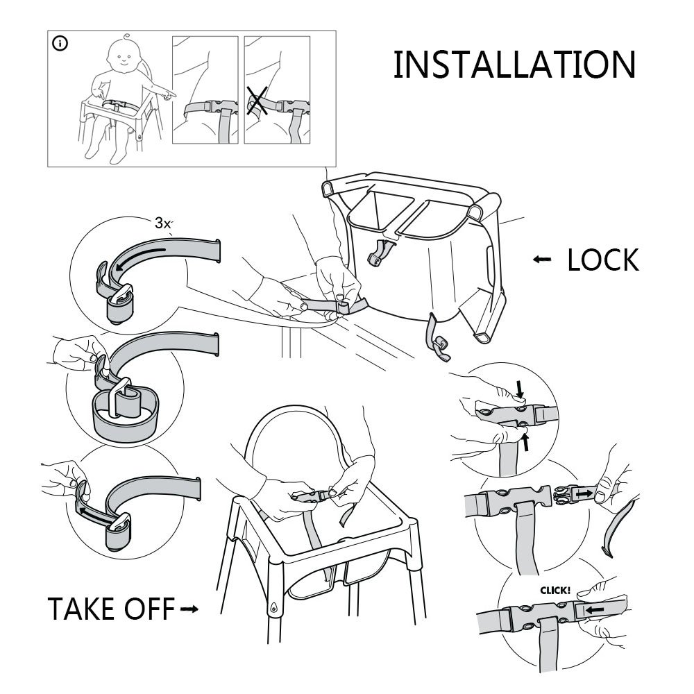 ZARPMA High Chair Straps, 3 Point Harness Straps Belt for Child Kid Chair Strap for IKEA Antilop High Chair (Black)