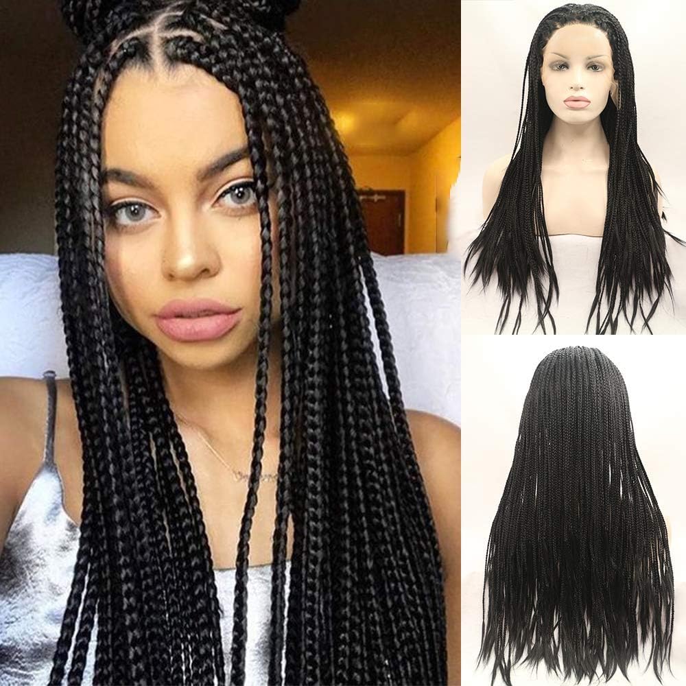 Handmade Black Braided Wigs for Black Women Long Synthetic Lace Front Wigs Realistic Straight Long Black Micro Box Braid Hair Wig Glueless Heat Resistant Fiber Hair Density 26inch