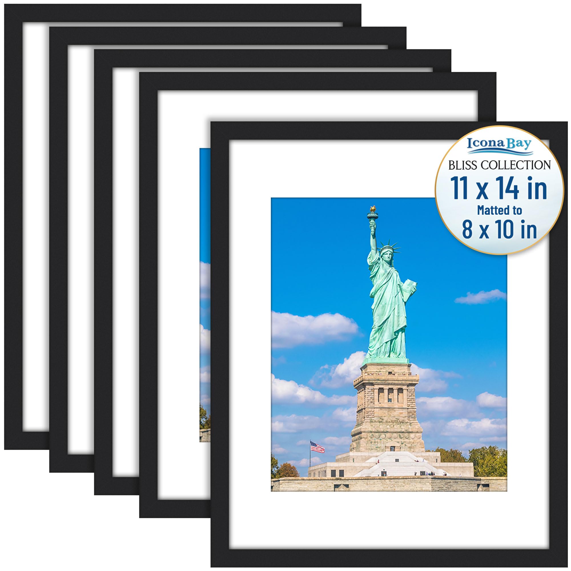 Icona Bay - 11x14 Picture Frames with Removable Mat for 8x10 Photo - Black, 5 Pack - Modern Style Engineered Wood Frames - Wall Mount Only - Bliss Collection