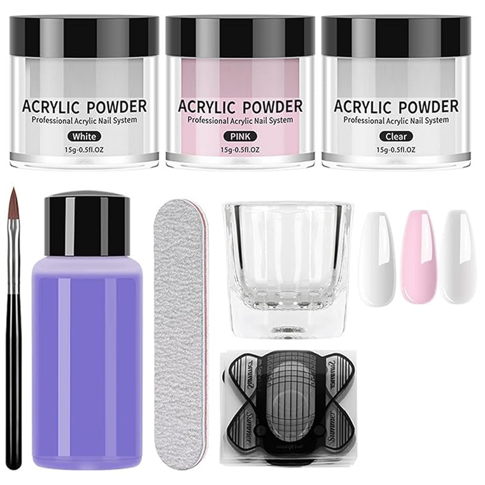 Acrylic Nail Kit Set 3 Colors Acrylic Powder 3×15g and Tool with Brush Set,Clear Pink White Extension Long-Lasting For Women Nail Art (3Colors)