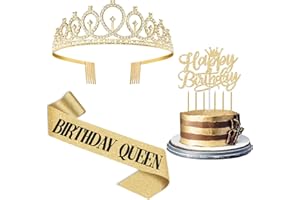 Birthday Decorations Women Gold, Including Birthday Queen Sash and Crown, Cake Topper and Candles, Gold Party Decor Supplies 