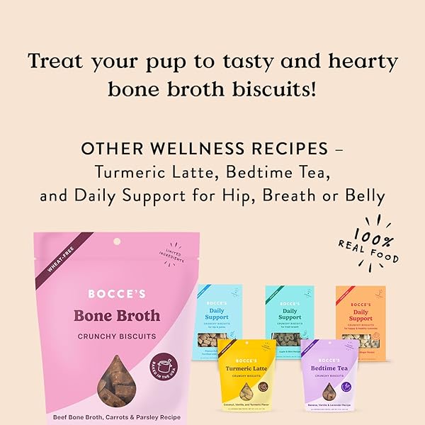 BOCCE’S BAKERY OVEN BAKED BONE BROTH TREATS FOR DOGS, WHEAT-FREE EVERYDAY DOG TREATS, MADE WITH REAL INGREDIENTS, BAKED IN THE USA, ALL-NATURAL BISCUITS, BEEF BONE BROTH, CARROTS, & PARSLEY, 5 OZ