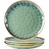 Henten Home Ceramic Dinner Plate Set, 11 Inch Porcelain Pizza, Pasta, Salad Plates, Irregular Shape Steak Plates Set of 4, Stoneware Serving Dishes for Kitchen (Green)