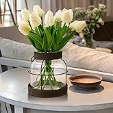 Farmhouse Vase with Artificial Flowers, Rustic Glass Bottle with Tulips Vintage Vase with 14Pcs Flowers VAse with Metal Frame Handle for Dining Room Living Room Table Decor Housewarming Present