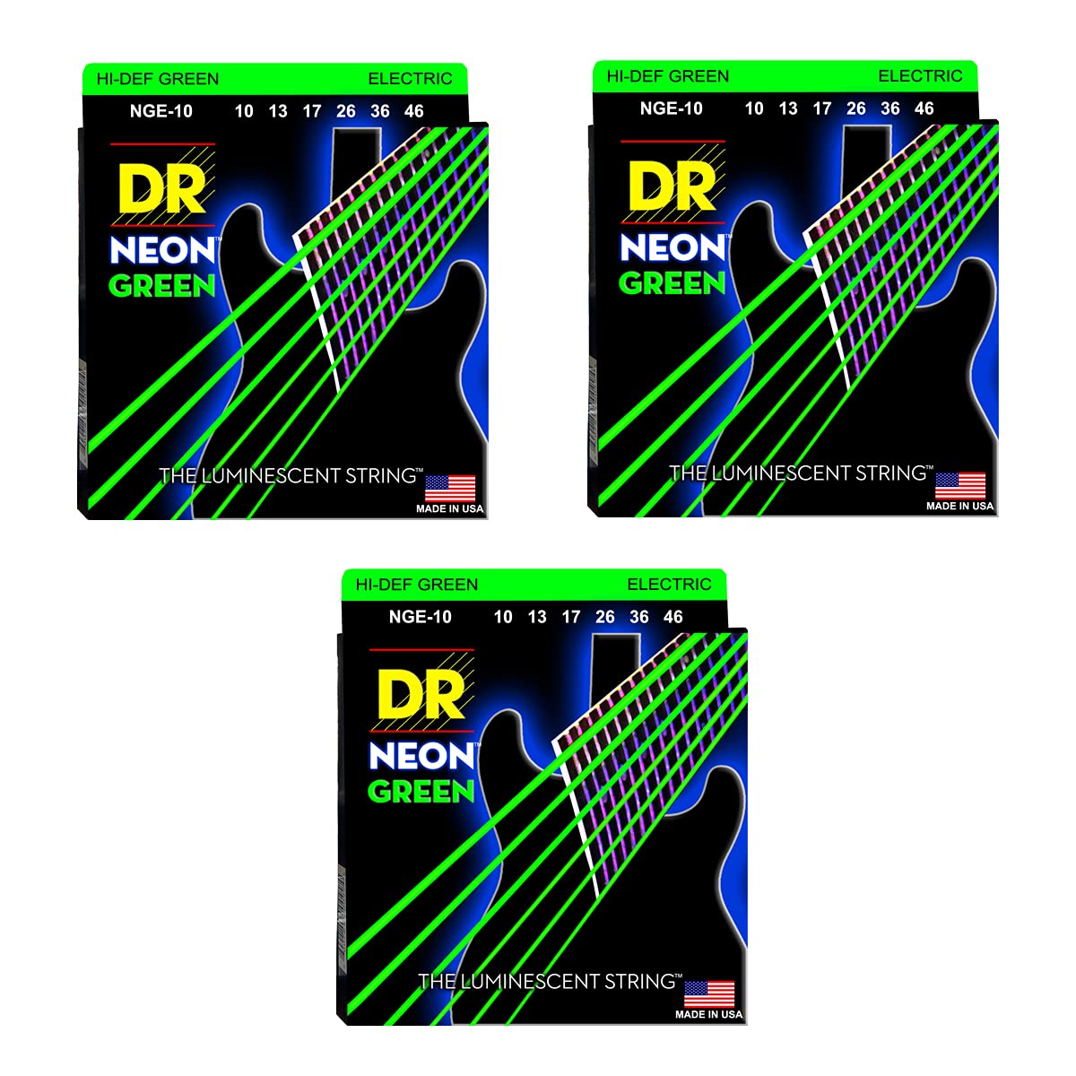 DR NGE-10 - Hi-Def Fluorescent Green Electric Guitar Strings 010-046 3-Pack