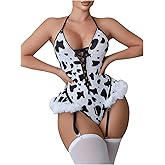 WDIRARA Women's 3 Piece Cow Teddy Lingerie Set Cosplay Lace Up Halter Bodysuit with Stockings