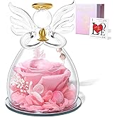 Sahoottie Pink Valentines Day Rose Gifts for Her, Preserved Rose in Glass Dome Angel Figurine Birthday Gift for Women, Valentines Angel Mothers Day Rose Gift for Mom Grandma