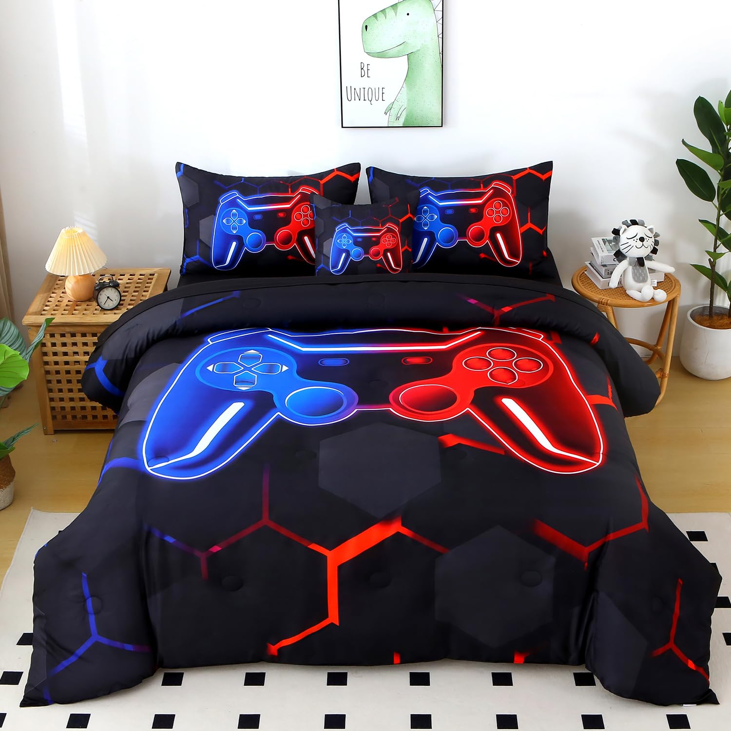 Photo 1 of BYHOFMLY 6 Pieces Full Size Kids Comforer Set for Boys Blue and Red Gaming Bedding Set 3D Honeycomb Gamer Bed in a Bag Game Console Printed Teen Boy Bed Comforter Sheet Set (Blue Red, Full)