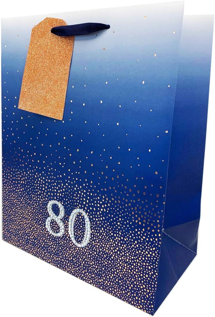 80th Birthday Bags Gift Large Men Age Blue Present Wrap for Him 80 Diamante Numbers Stick On