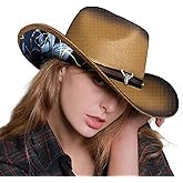 WELLATENT Cowboy Hats for Women, Brown Cowgirl Hats Classic Straw Western Hats for Women Music Festival Party Beach.