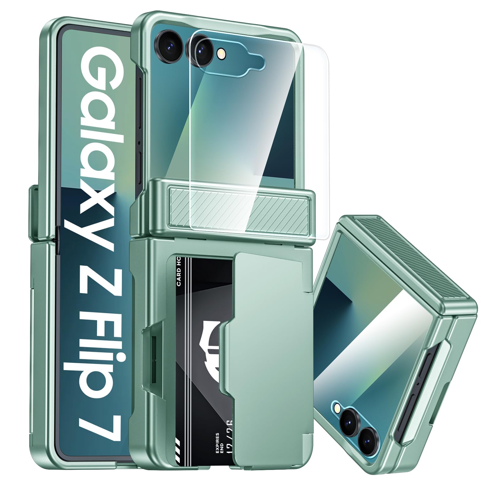 CENMASO for Samsung Galaxy Z Flip 7 Case with Card Holder [RFID Blocking] & Hinge Protection & HD Screen Protector, Rugged Anti-Scratch Full-Body Shockproof Phone Case for Z Flip 7-Mint Green