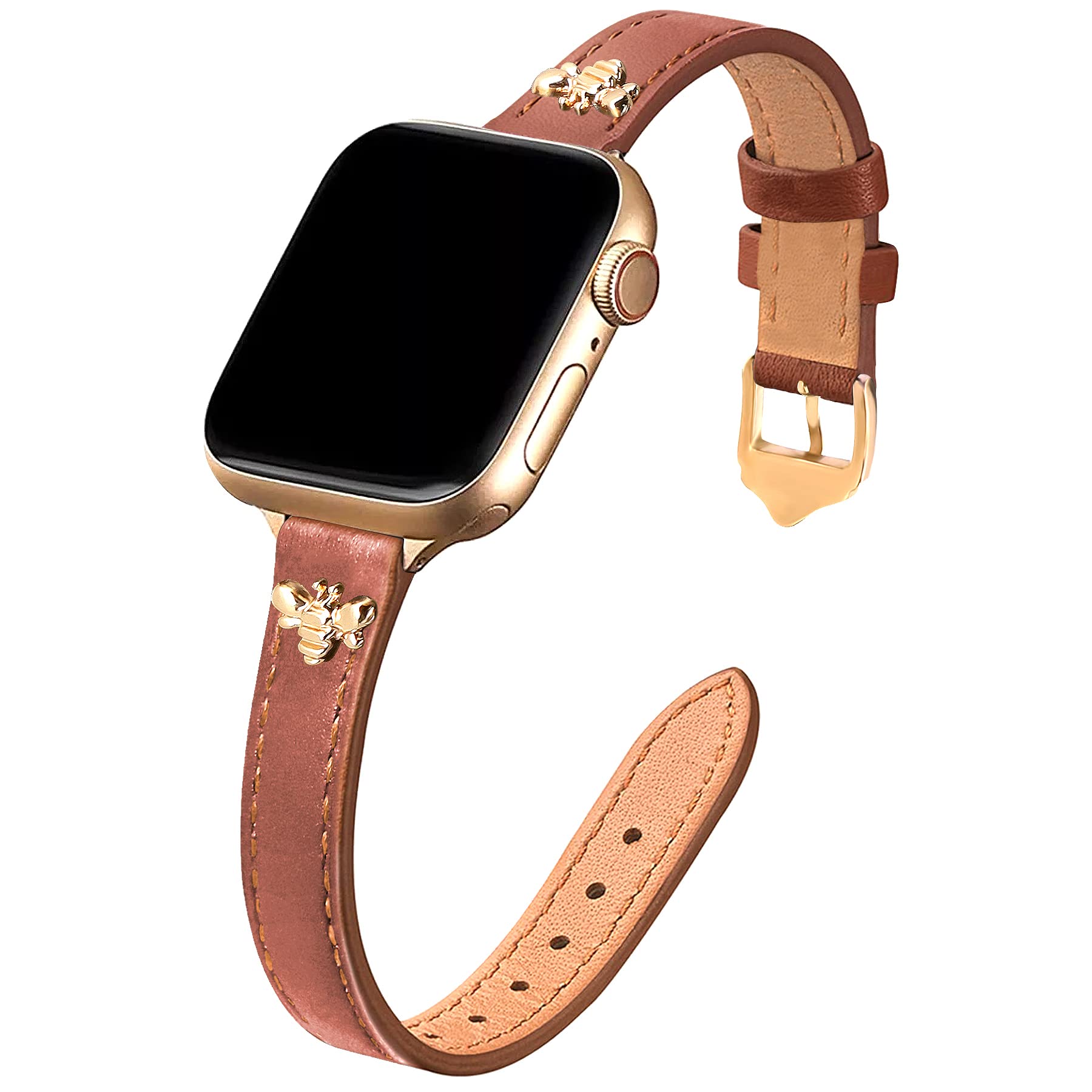 JR.DM Slim Leather Straps Women Compatible with Apple Watch 38mm 40mm 41mm 42mm 44mm 45mm 46mm 49mm Top Genuine Leather Watch Strap with Charms for iWatch Series 10/9/8/7/6/5/4/3/2/1/SE/Ultra1 2