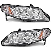 ADCARLIGHTS for 2006-2011 Honda Civic Halogen Headlight W/O Bulbs | OE 33151/33101, Chrome Housing, IP67, Plug &amp; Play, amber reflector, clear lens, Sealed, UV resistant