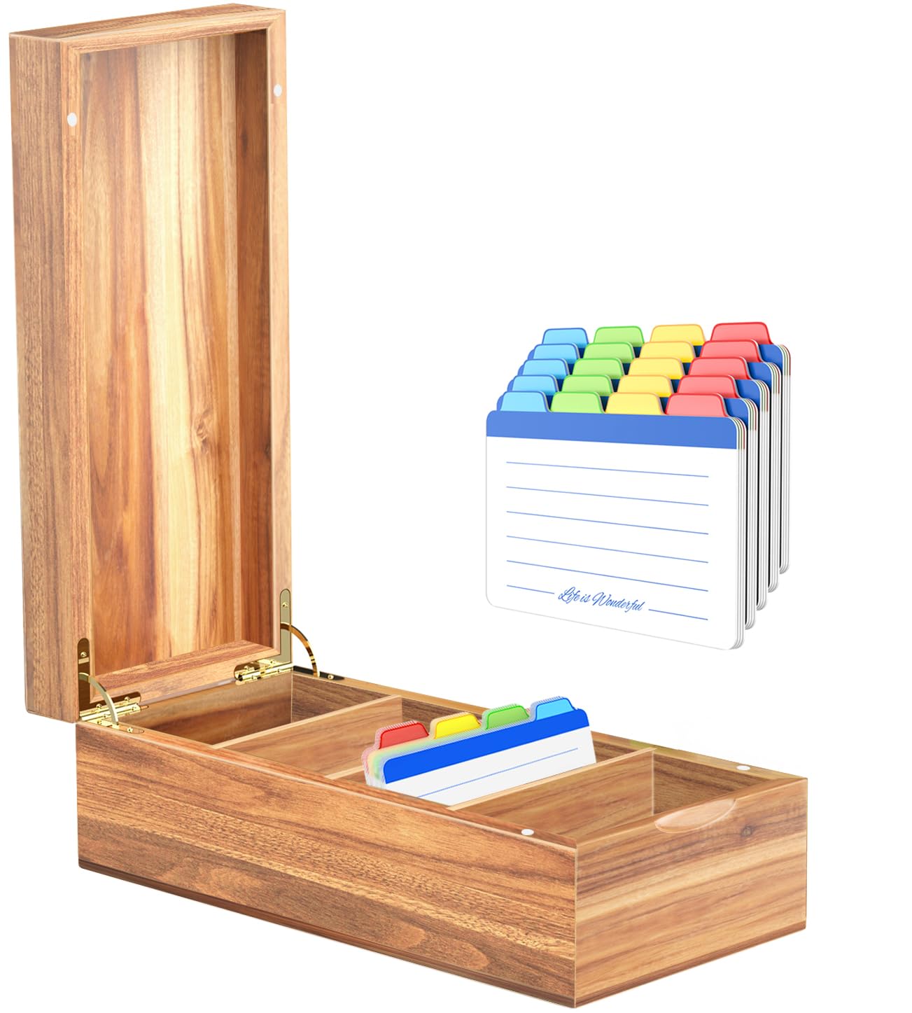 Photo 1 of Neando Acacia Wood Business Card Holder with Lid – 2x3.5” Index Card Organizer with 5 Compartments, Holds 600 Cards, Magnetic Closure, 20 Blank Tabs – Rustic Desktop Filing Box for Office & Home