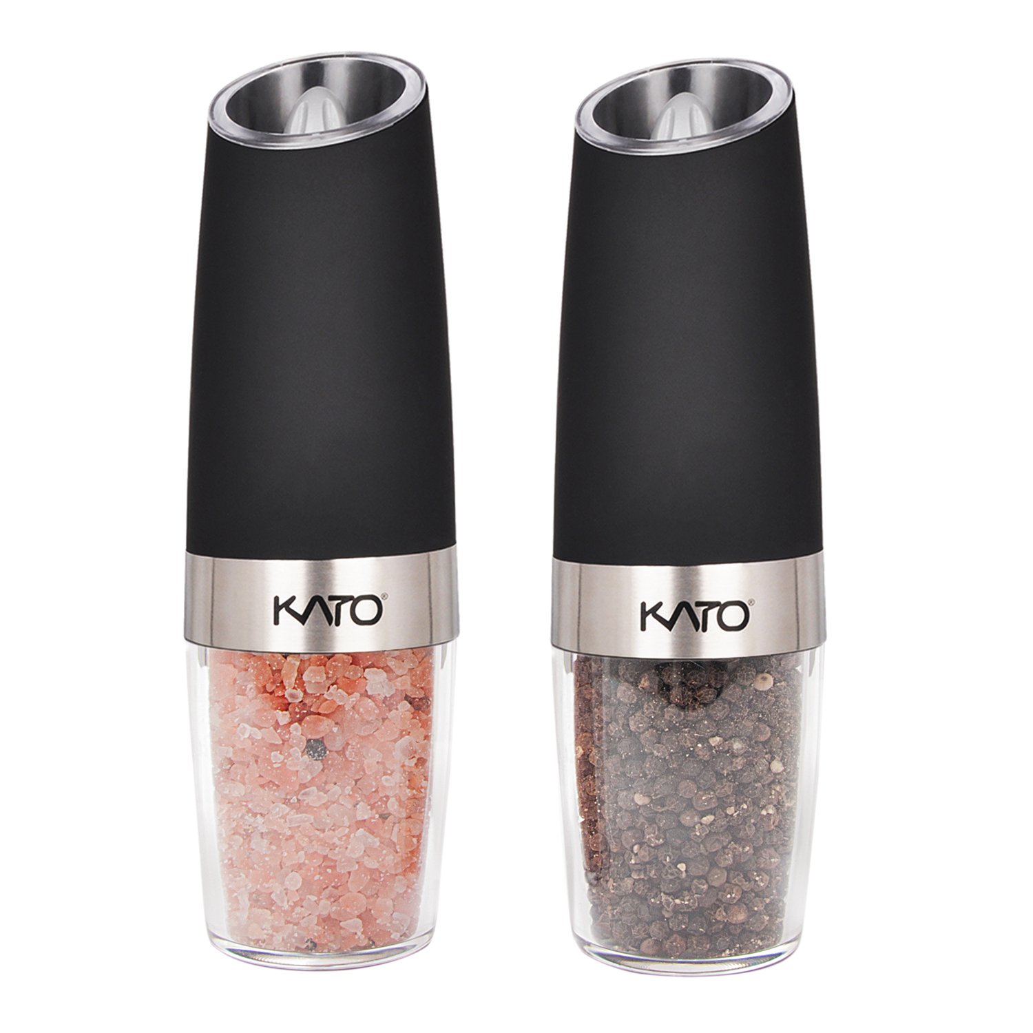 Kato Gravity Electric Salt and Pepper Grinder Set of 2 - Automatic Operation, Battery Powered, Blue LED Light - Adjustable Ceramic Grinding Coarseness Mills with Free Garlic Peeler, Black