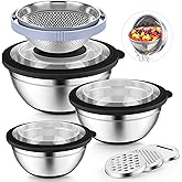 P&P CHEF Mixing Bowls with Lids Set of 3, Stainless Steel Mixing Bowl and Colander for Kitchen, 3 Grater Attachments & Non-Slip Bottoms, Visible & Airtight Lid, Black