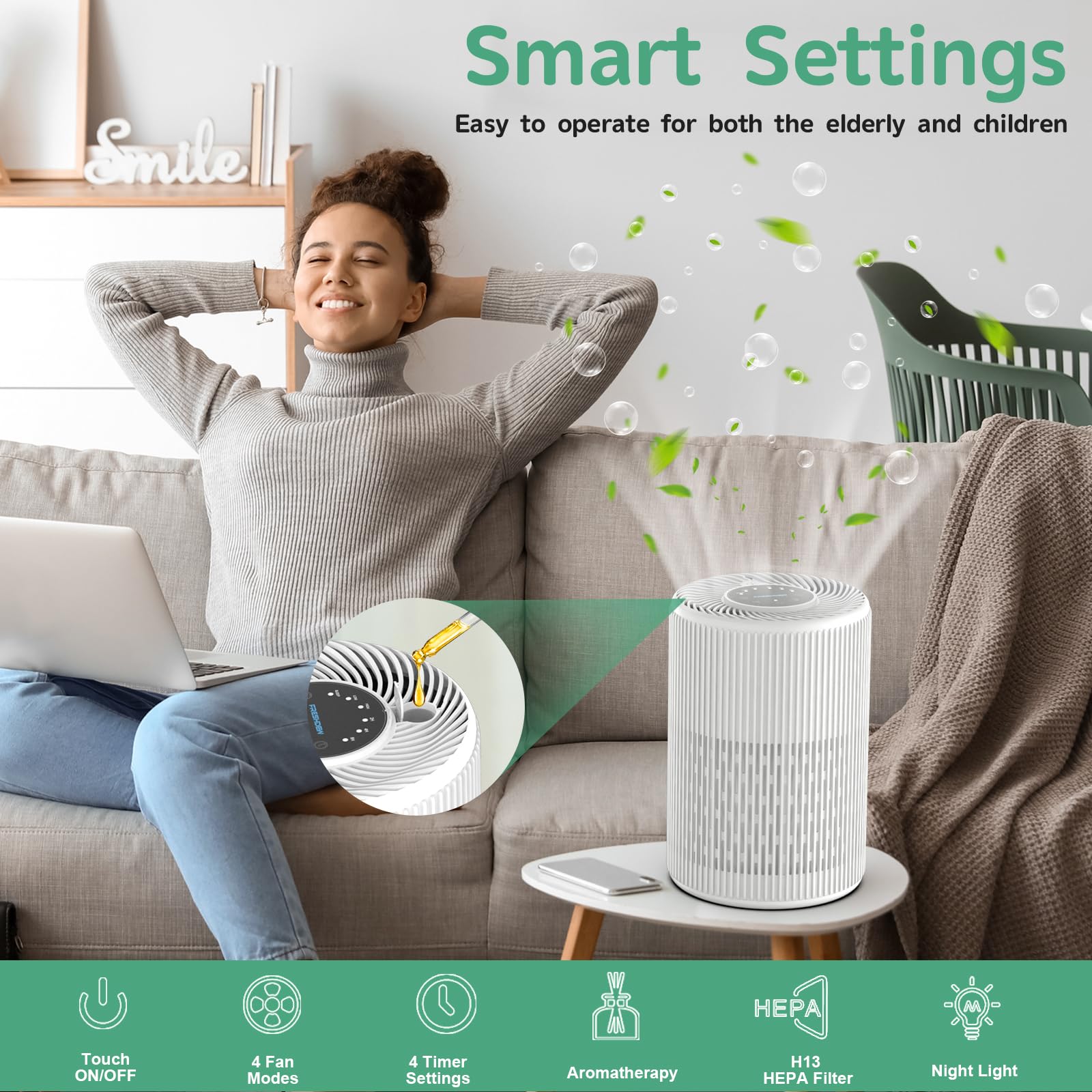 Air Purifiers for Home, FRESHDEW Air Purifier Up to 1300ft² for Smoke Pet Dander Odors with Fragrance Sponge,H13 True HEPA Air Purifier Cleaner with 360° Air Inlet,Sleep Mode for Bedroom (White)