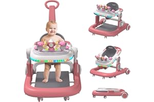 HXG Baby Walker, 4 in 1 Foldable Baby Walker, Baby Walker with Wheels & LED Light, Adjustable Speed and 3 Height for Baby Girl and Baby Boy, Baby Walkers for Babies 6-18 Months Khaki