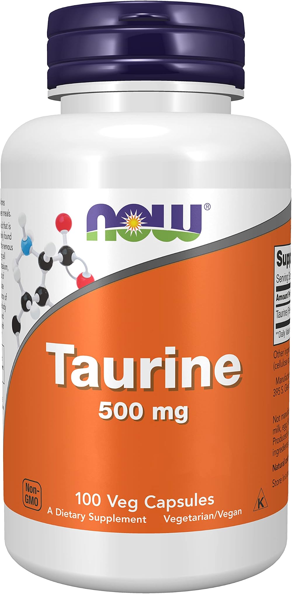 NOW Taurine 500mg 100 Vegan Capsules Lab Tested Gluten Free Soy Free