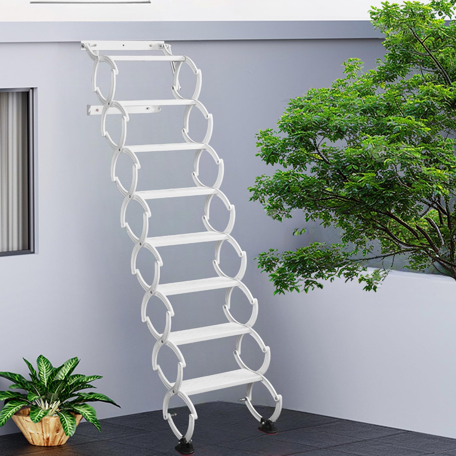 8 Steps Wall Mounted Attic Ladder, Indoor Attic Stairs Pull Down System ...