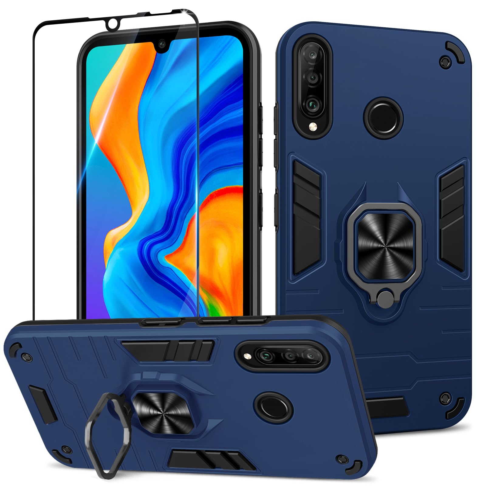 Btstring Case for Huawei P30 Lite/NOVA 4e and Screen Protector Tempered Glass, Shockproof Phone Case with Stand, Heavy Duty Personalised Case Cover Support Magnetic Car Holder, Blue