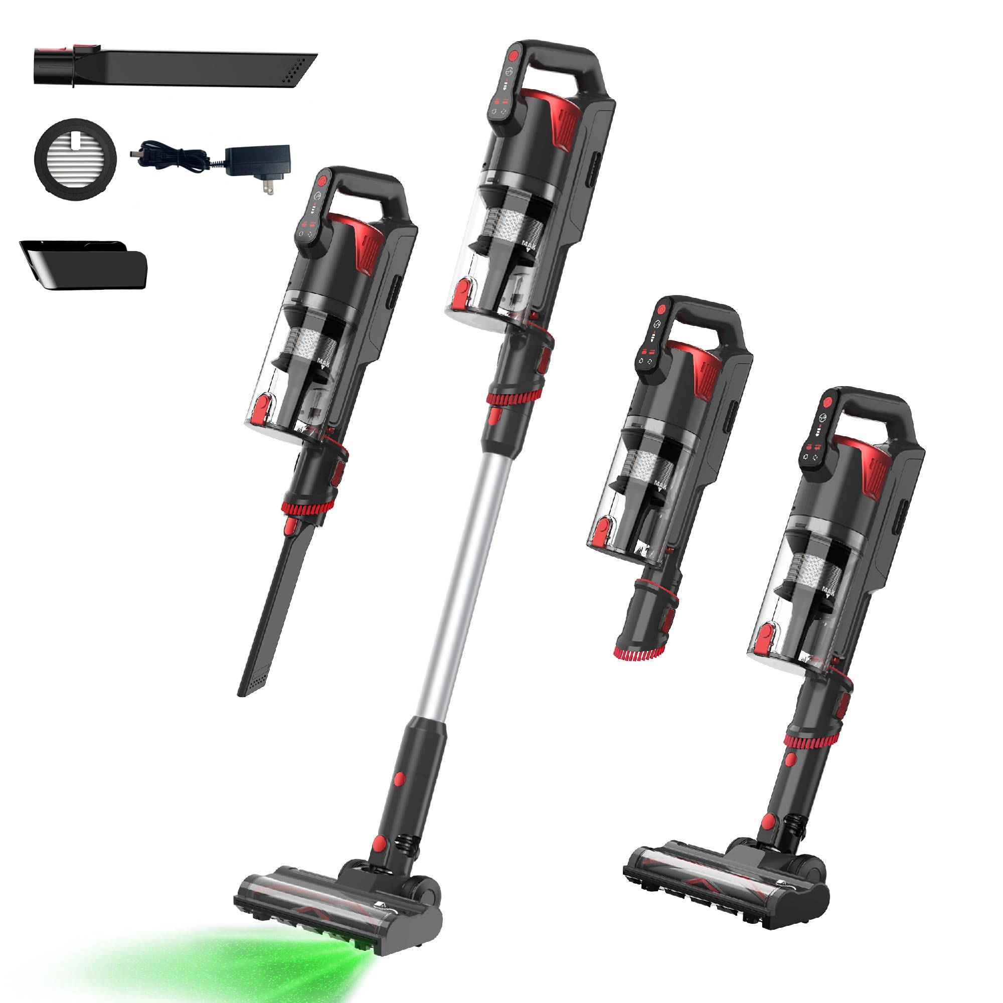 Photo 1 of **MISSING WALL MOUNT/SHOWING SIGNS OF HEAVY USAGE** AYONTIN Cordless Vacuum Cleaner, Brushless Motor Powerful Suction Stick Vacuum, LED Display, with 2500 mAh Detachable Battery, 45 Mins Runtime Vacuum Cleaners for Home/Pet Hair/Hardwood/Carpets,Red