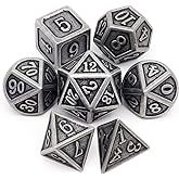 Haxtec Metal DND Dice Set, 7 Pcs Antique Polyhedral Dice for Table Games | Silver D&amp;D Dice with Leather Bag, Compatible with Dungeons and Dragons, Ancient Heavy Metallic, TTRPG Gifts for DND Lovers