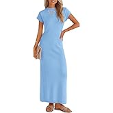 ZESICA Womens Spring Casual Bodycon Maxi Dress 2026 Summer Business Casual Short Sleeve Crewneck Knit Slit Vacation Dresses