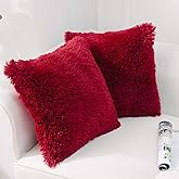 NordECO HOME Luxury Soft Faux Fur Fleece Cushion Cover Pillowcase Decorative Throw Pillows Covers, No Pillow Insert, 16" x 16" Inch, Wine Red, 2 Pack